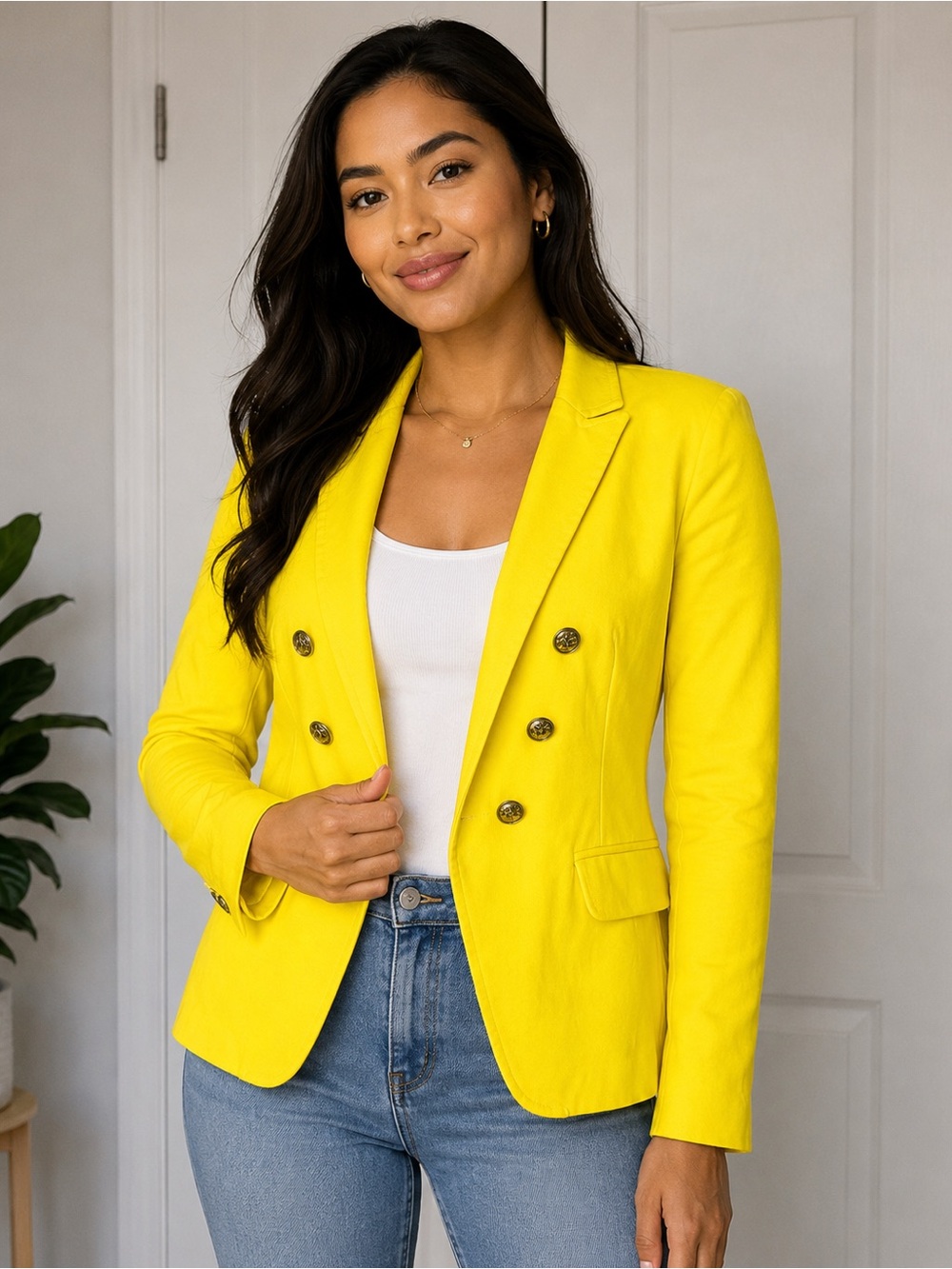 Cremieux Women’s Yellow Double Breasted Blazer Gold Buttons Size M Cotton